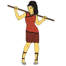 Tchaika holding a quarterstaff.